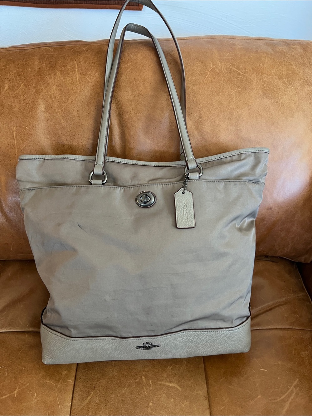 Coach Taupe Turnlock Nylon & Leather Tote Bag F57903